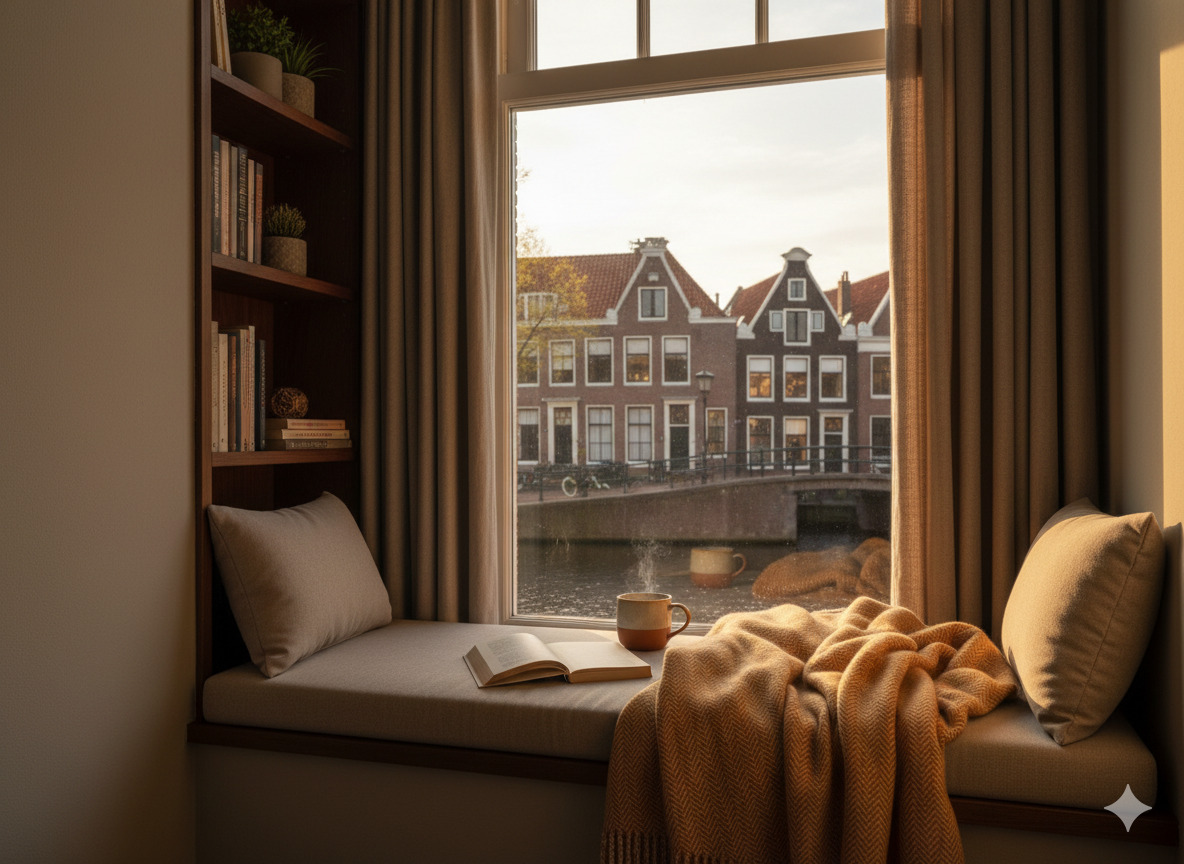 Compact reading nook with blanket and muted wall colour typical of Dutch city flats