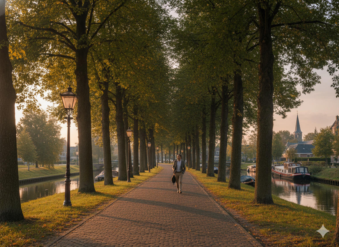 Evening pathway beside trees suitable for a short stroll after work in the Netherlands